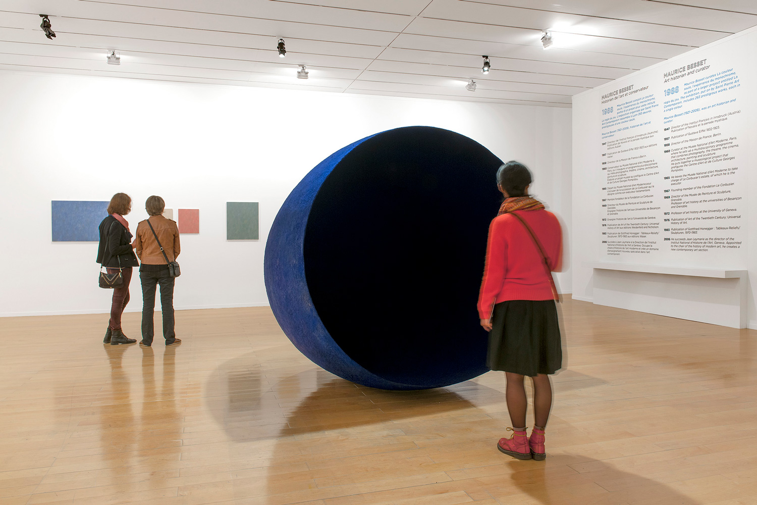 Vue de l’exposition Pour mémoire, œuvres de la collection. Œuvres : Anish Kapoor, Mother as a Void, 1988 ; Marcia Hafif, Tableaux Lyonnais, 1988